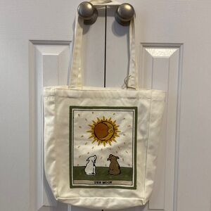 Reusable Embroidered Satchel Cream Tote Bag with Moon and Dogs Design.